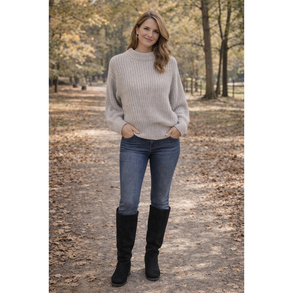Light Gray Chunky Warm Cozy Neutral Layering Knit Mock Neck Relaxed XS Sweater